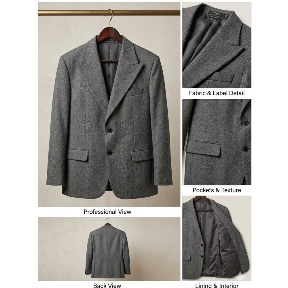 StudioSuits Grey Herringbone Tweed Blazer Mens 42R Peak Lapel Sport Coat Jacket